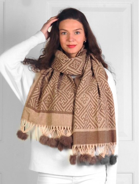 Cashmere Feeling Maze Scarf with Pom-Poms